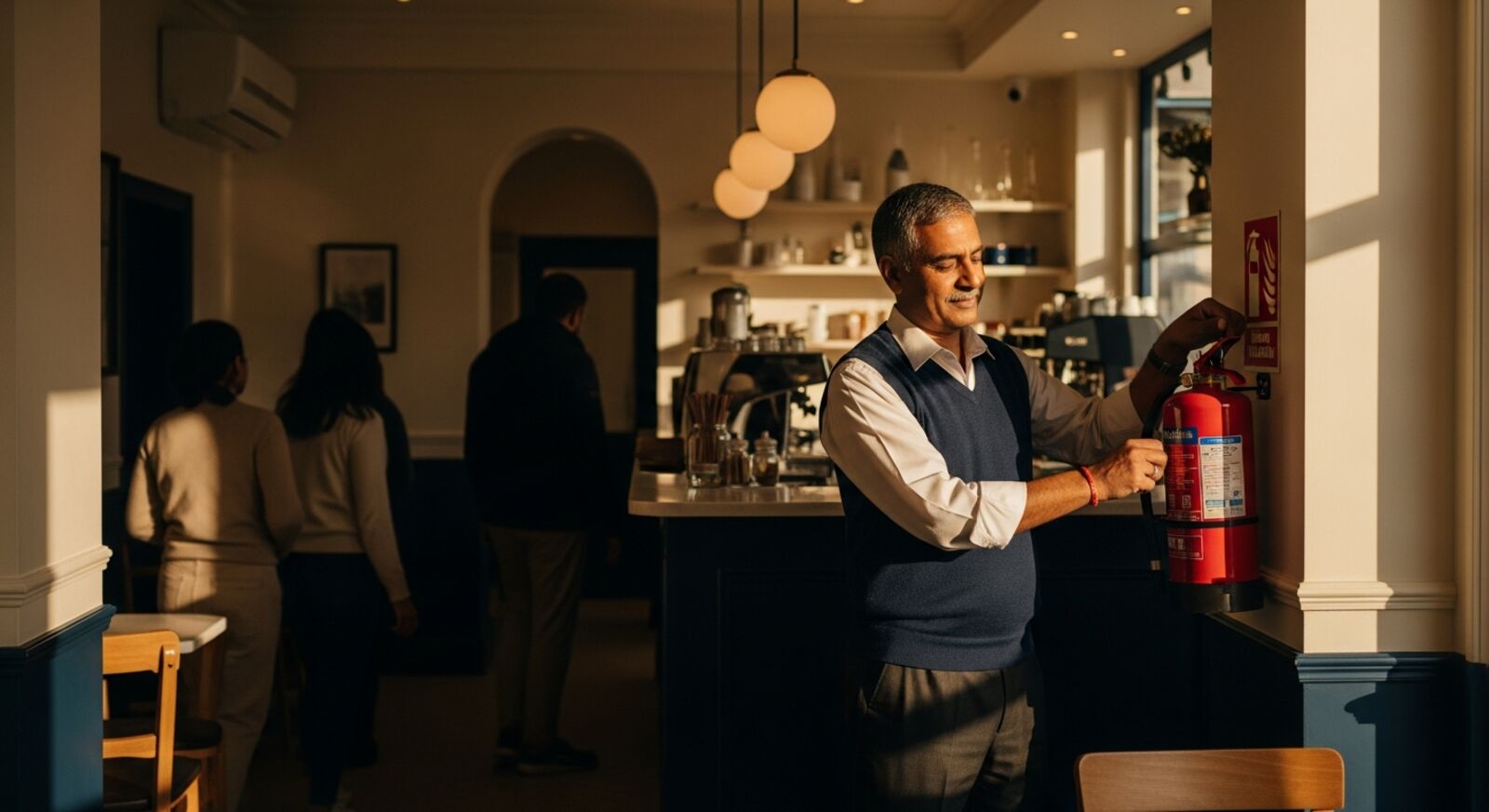 An Indian caf&eacute; owner checks a fire extinguisher in warm morning light as customers arrive — losses prevented, not losses settled.